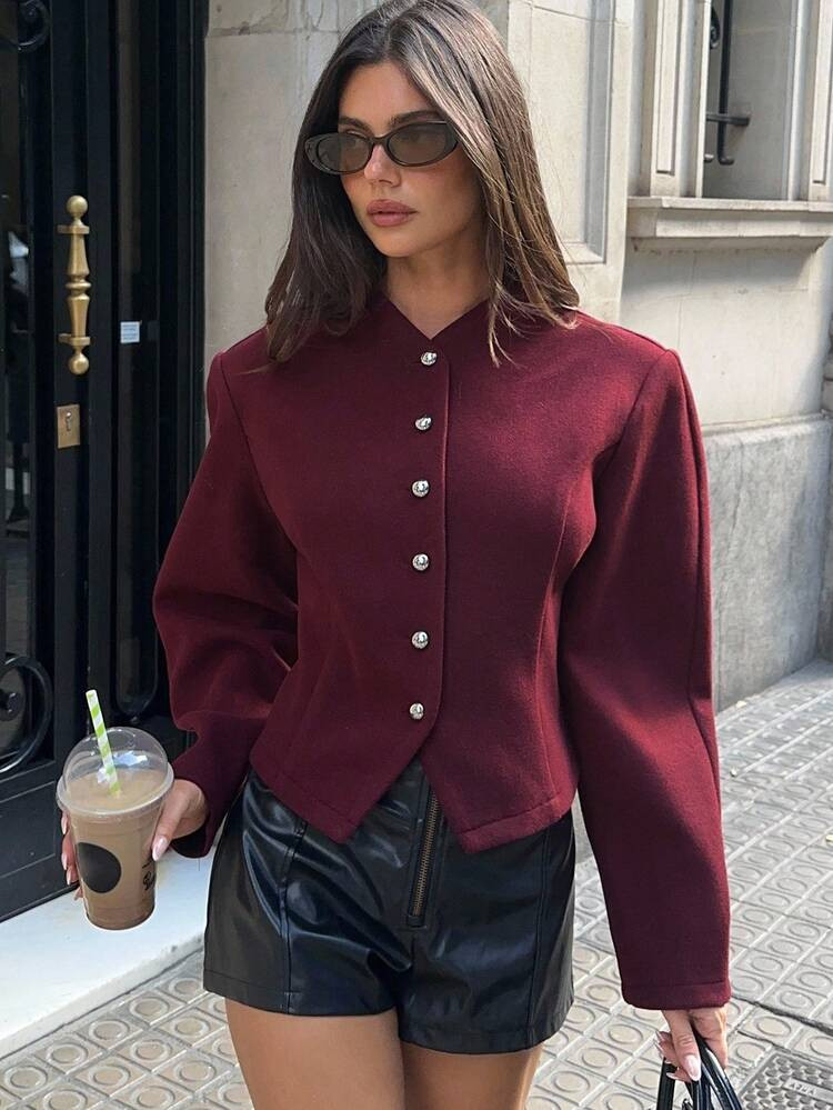Aloruh Elegant Burgundy Coat For Commuting, Autumn/Winter,Women's Winter Clothes,Women's Winter Jacket,Winter Clothes For Women,Winter Clothes,Autumn Clothes For Women,Fall Outfits For Women,New Year Women's Clothes,Christmas Women's Clothing,Long Sleeve Going Out Top,Chic Women's Jacket,Ankara Red Coat,Old Money Style,Casual And Business Commuting,Solid Color Jacket,Waisted Jacket,Metal Buckle Decoration | SHEIN