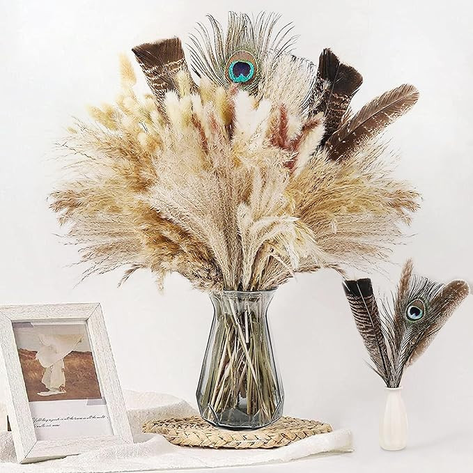 Bpole 2-in-1 Pampas Grass Decor - 100pcs Dried Pampas Grass with Natural Feathers Boho Flowers Ar... | Amazon (US)