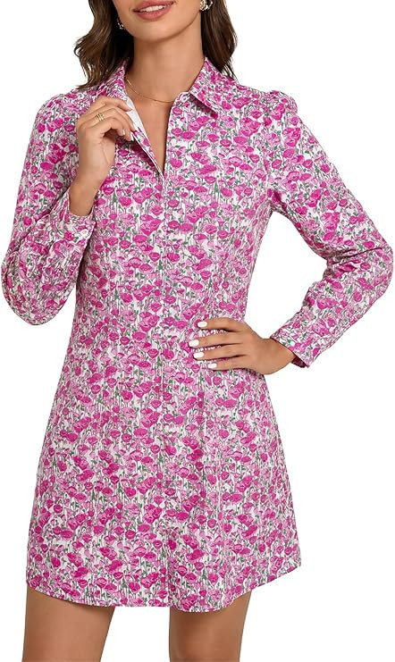 EZAPINE Women Spring Dress 2026 Womens Summer Mini Dresses Floral Puff Sleeve Zipper A line Dress... | Amazon (US)