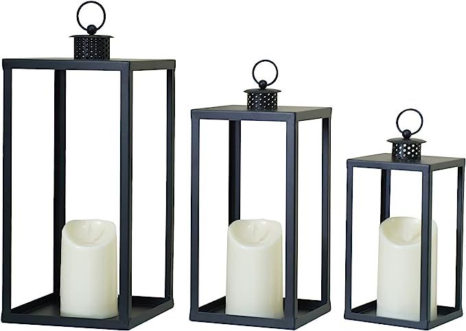 HPC Decor Black Metal Candle Lanterns Set of 3- Lanterns Decorative w/Flickering Timer Candles- 1... | Amazon (US)