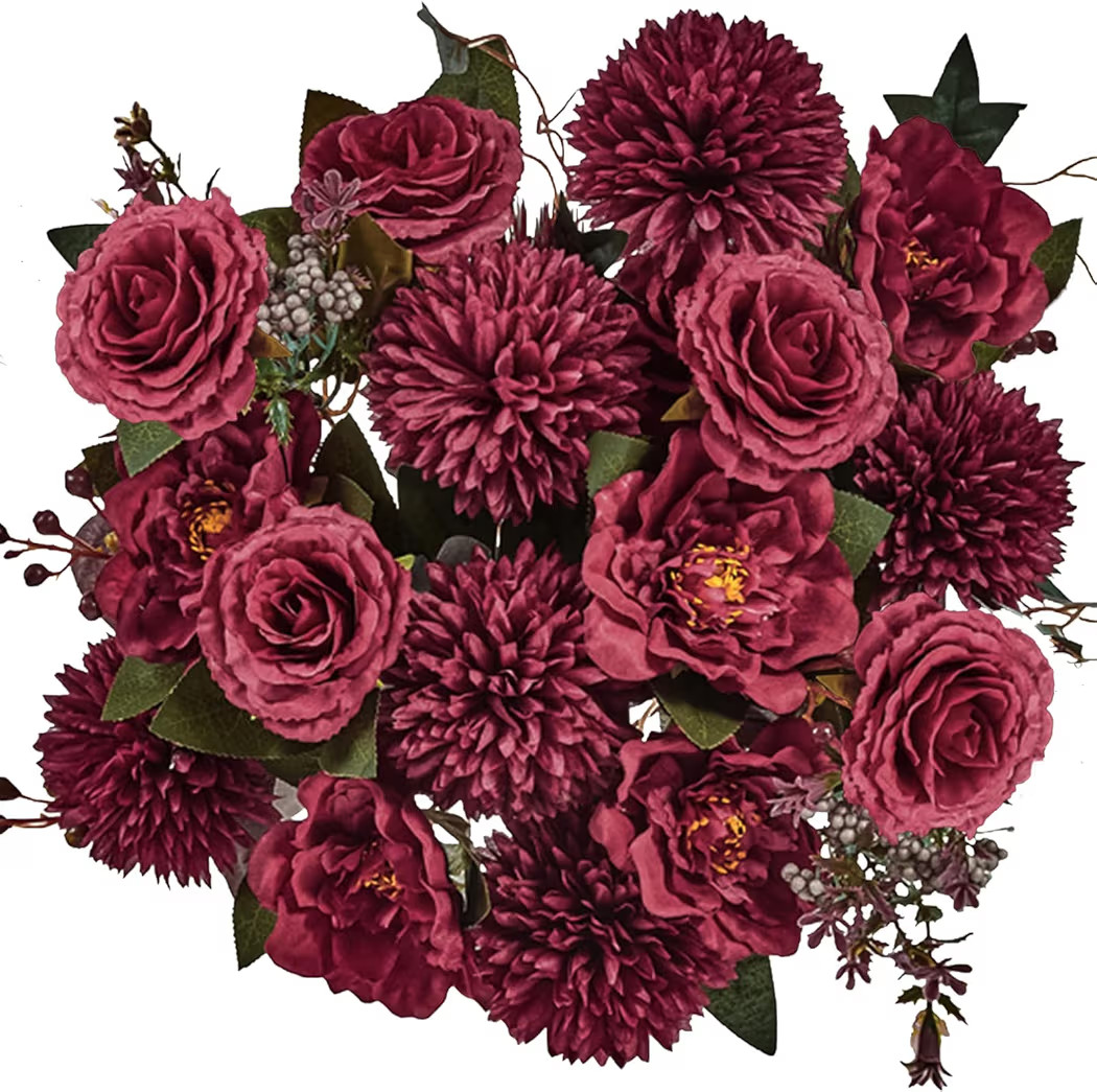 Premium Burgundy Silk Flowers Bouquet, Artificial Floral Arrangements, Fake Flower for Wedding Br... | Amazon (US)