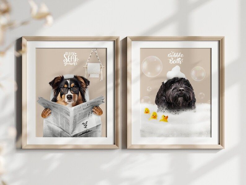 Custom Pet Portraits | Set of 2 | Dog Reading Newspaper | Animal in Bubble Bath | Funny Guest Bat... | Etsy (US)