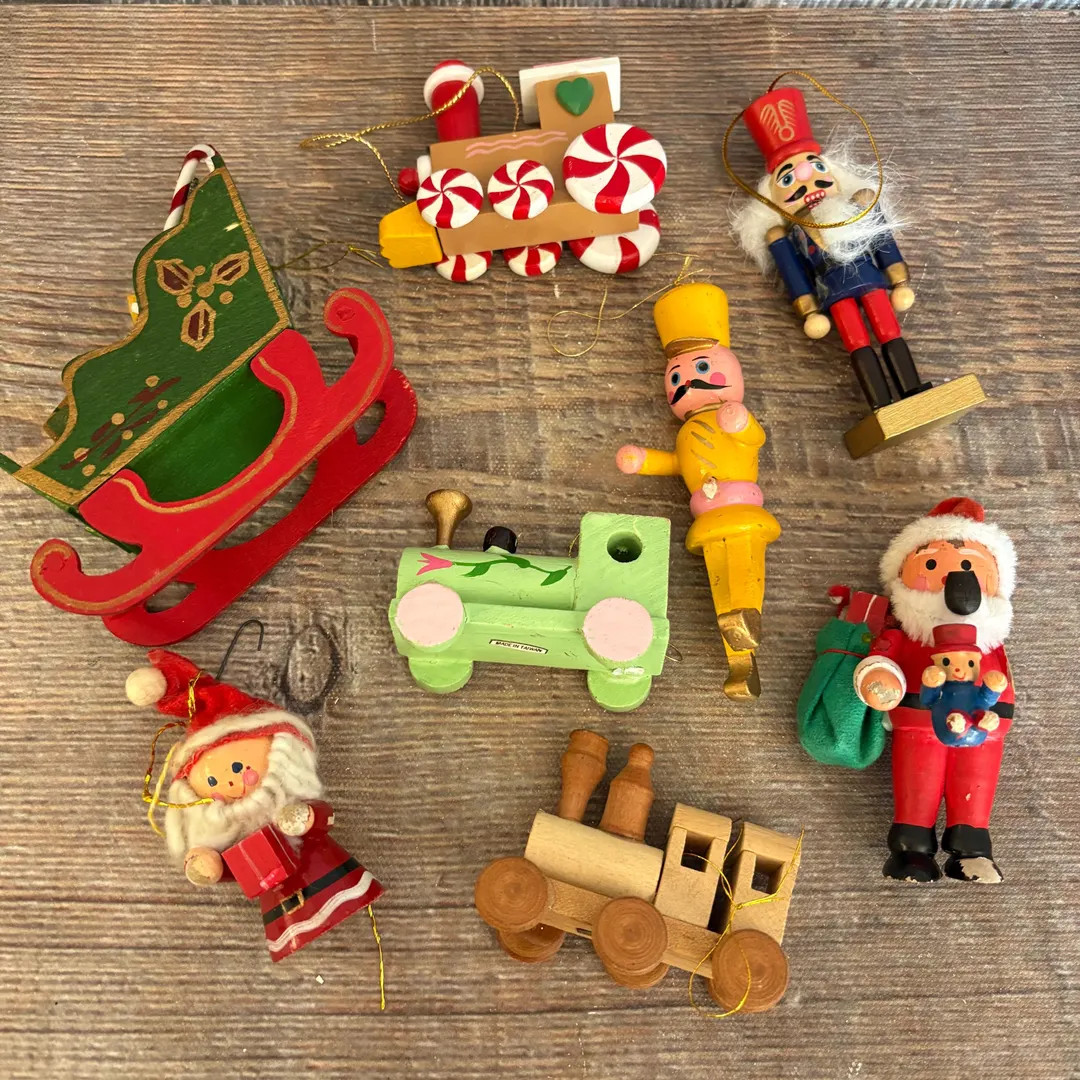 8 Vintage Wooden Christmas Ornaments Cute Santa Trains Christmas Trees Miniature Holiday Ornament... | Etsy (US)