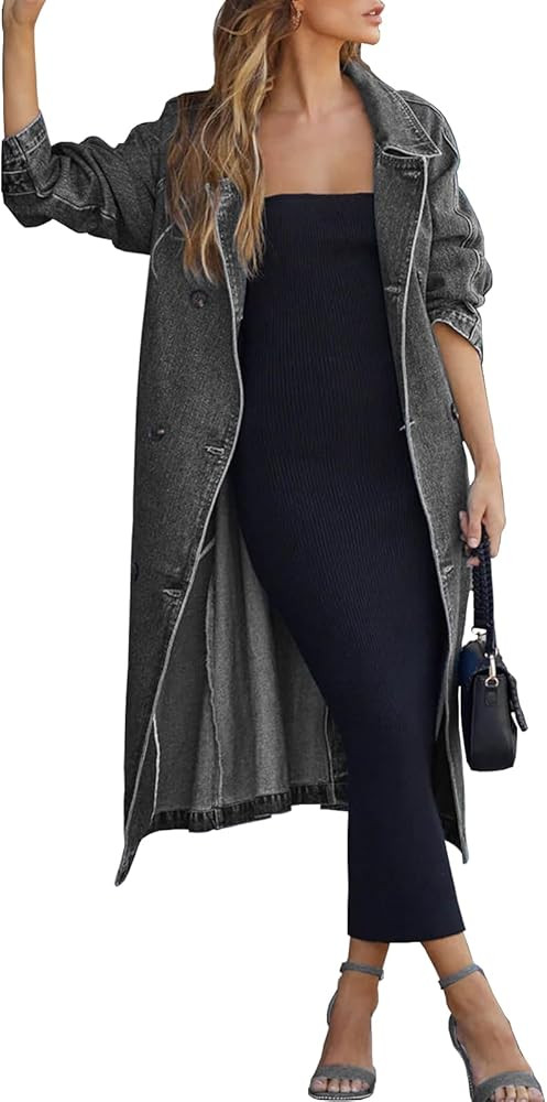 Women's Vintage Notched Collar Double Breasted Over Knee Midi Long Denim Jacket Trench Coat with ... | Amazon (US)