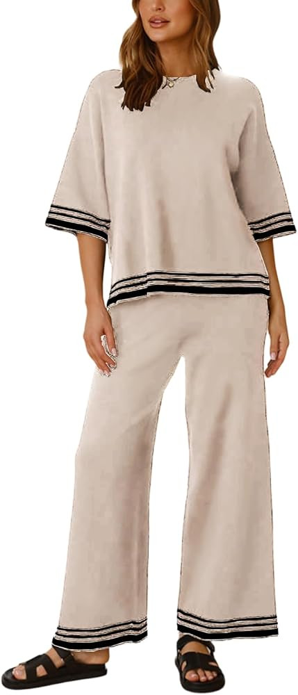 Sweater Sets Women 2 Piece Lounge Sets Short Sleeve Knit Pullover Tops Wide Leg Pants Comfy Pajam... | Amazon (US)