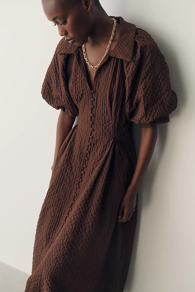 Puff-Sleeve Textured Midi Shirtdress | Anthropologie (US)