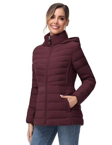 SLOW DOWN Women Down Puffer Jacket, Warm Hooded Winter Jacket with Pockets for Women (Wine,XXL) | Amazon (US)