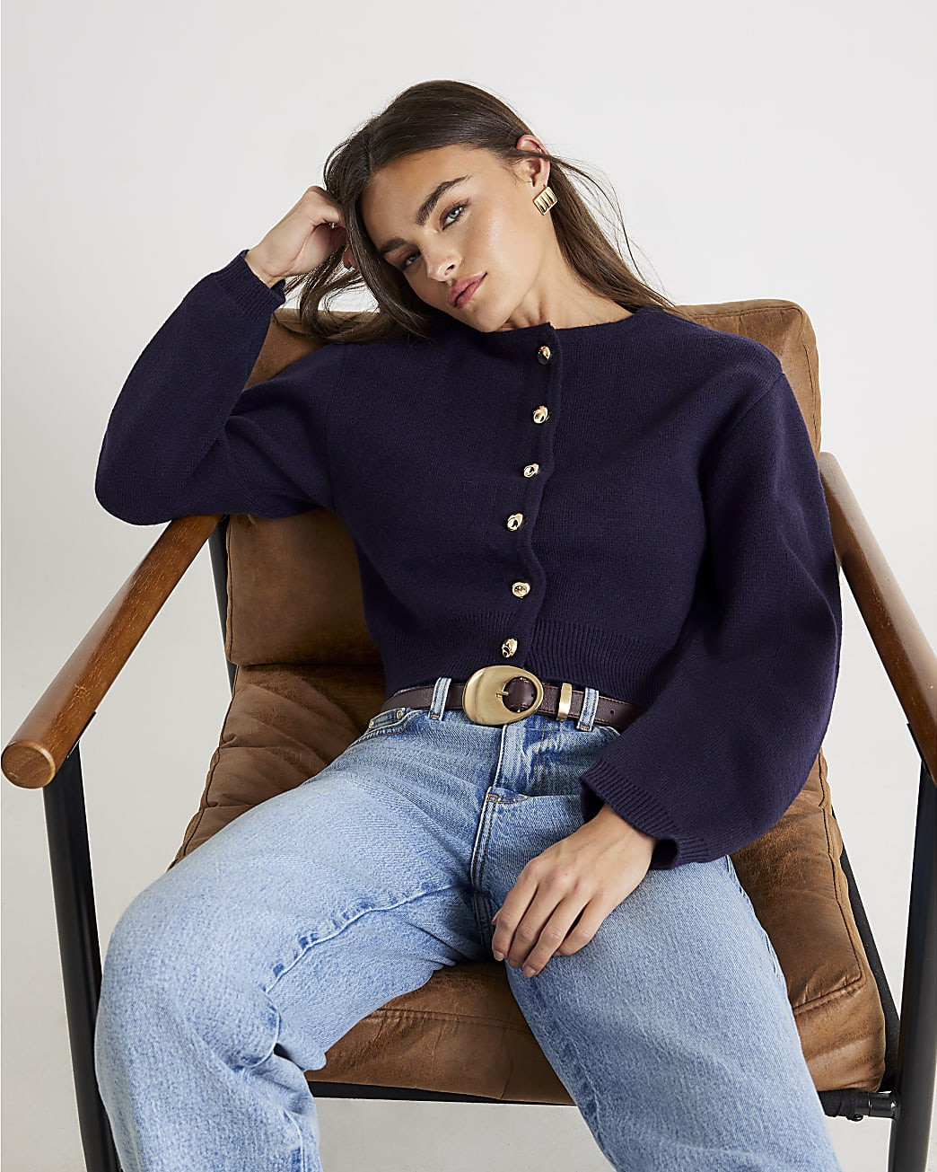 Navy Structured Sleeve Cardigan | River Island UK & IE