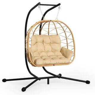 Large 2-Person Hanging Wicker Double Egg Porch Swing Chair with Stand and Beige Cushion | The Home Depot