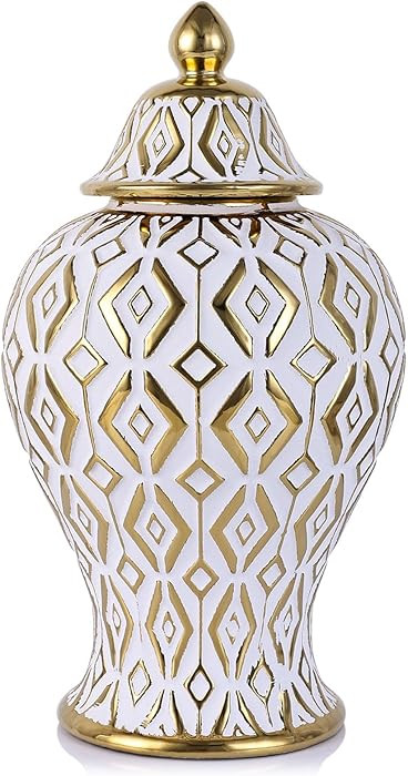 12.6" White and Gold Ceramic Ginger Jar Vase with Lid - Modern Luxury Ceramic Ginger Jar Decorati... | Amazon (US)
