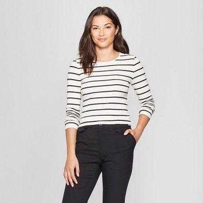 Women's Striped Long Sleeve Fitted Crew T-Shirt - A New Day™ | Target