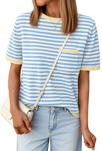 Womens Striped Short Sleeve Sweater Knit Pullover Top with Crewneck Color Block Pocket for Busine... | Amazon (US)