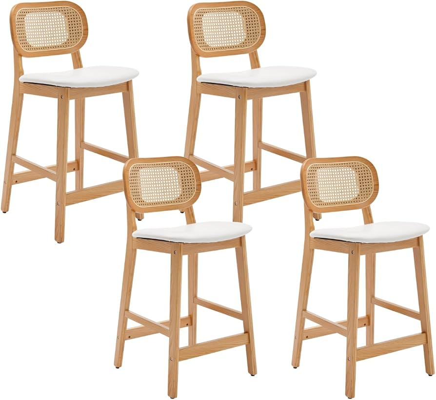 Rattan Counter Height Bar Stools Set of 4 Wood Farmhouse Barstools with Cane Back Faux Leather Ki... | Amazon (US)
