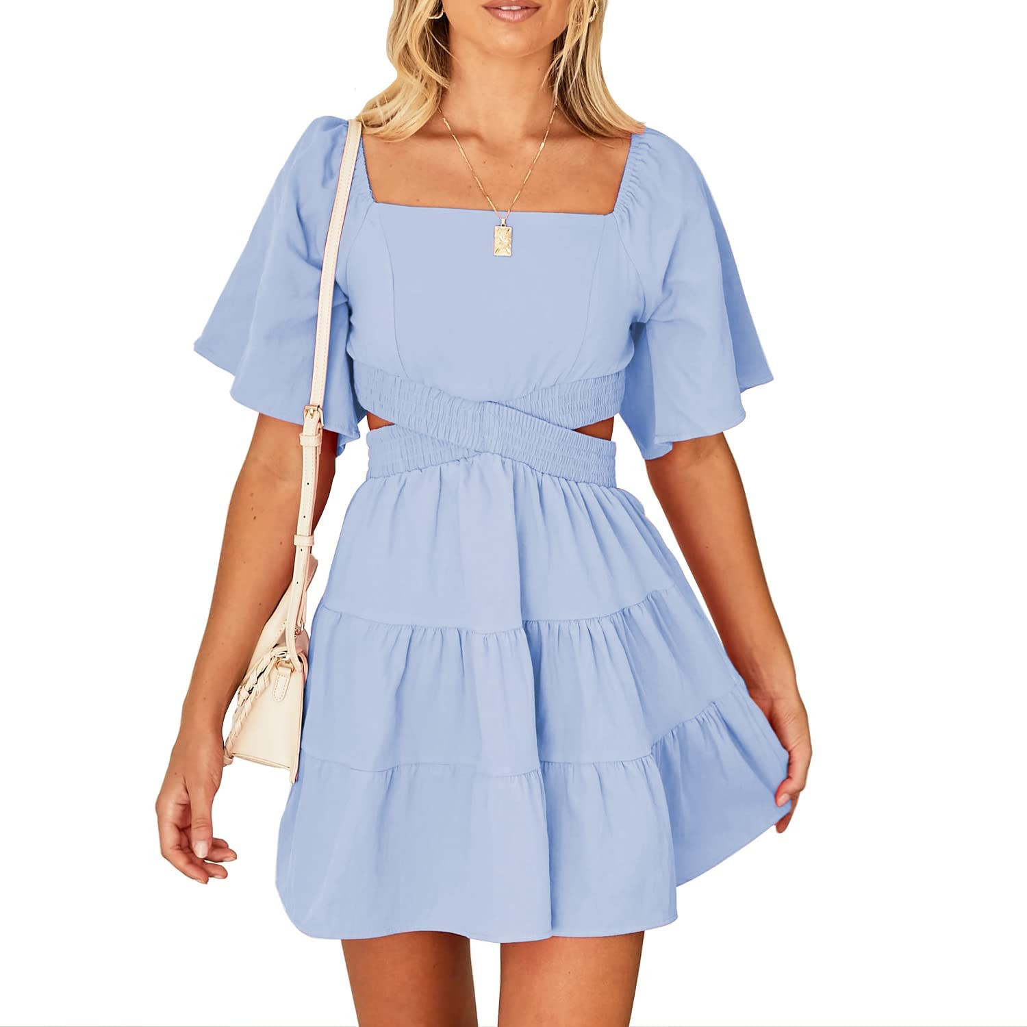 Shy Velvet Women's Summer Dress Square Neck Short Sleeves Crossover Waist Casual Party Mini Dress | Amazon (US)