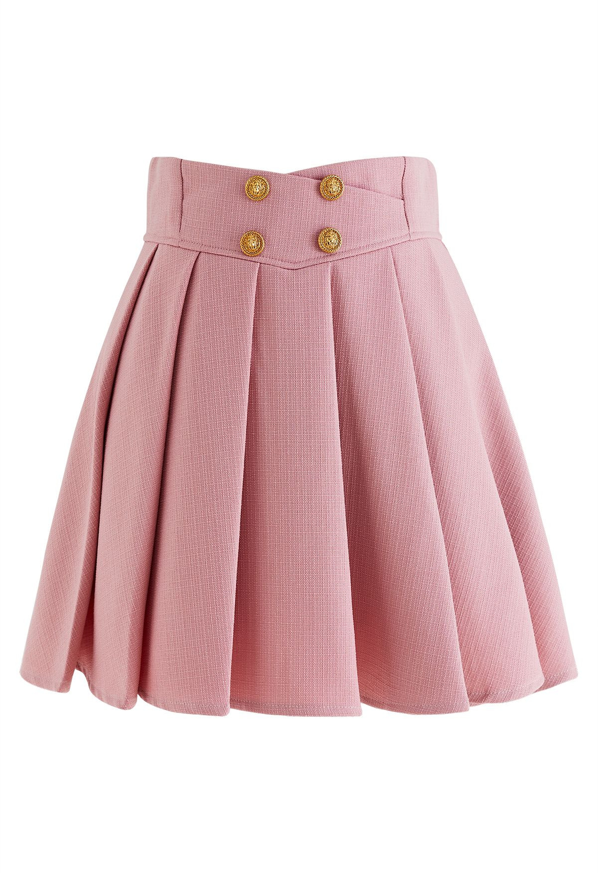 Golden Button Pleated Flare Mini Skirt in Pink | Chicwish