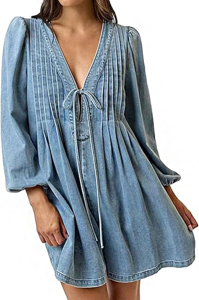 loveimgs Women Denim Jean Romper Overall Shorts Tie Front Pleated Romper Dress Deep V Neck Puff S... | Amazon (US)