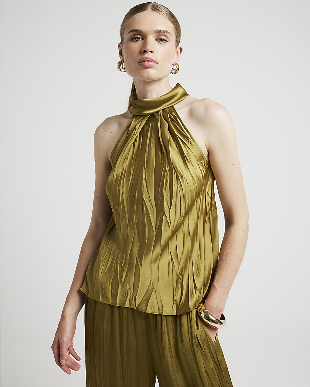 Khaki satin plisse halter neck top | River Island (UK & IE)