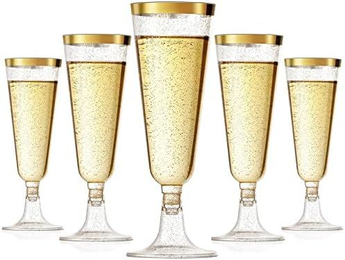 20 Pack Plastic Champagne Flutes Disposable Gold Rim Gold Glitter Plastic Champagne Glasses, Clear P | Amazon (US)