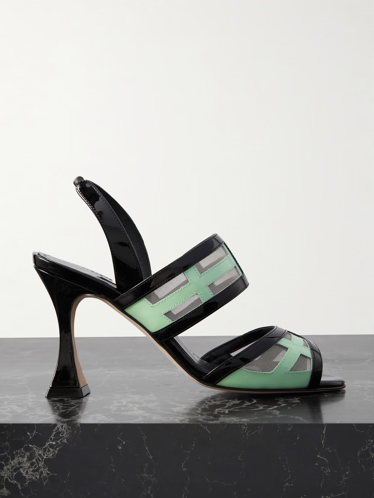 Manolo Blahnik - Avespa 90 Mesh-trimmed Patent-leather Slingback Mules - Black | NET-A-PORTER (US)