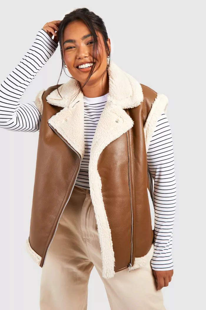 Plus Teddy Trim Faux Leather Vest | boohoo (US & Canada)