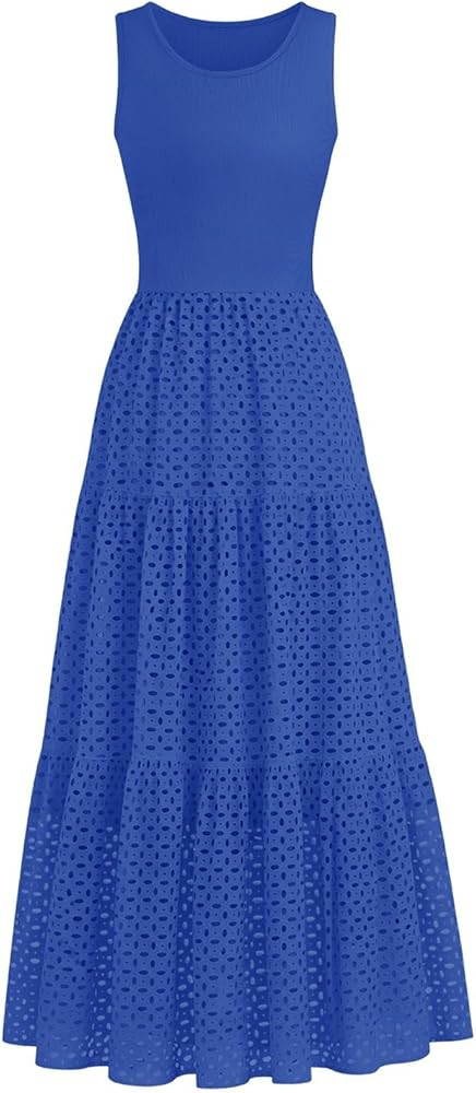 Lazysmile Womens Summer Dresses Crewneck Sleeveless A-Line Hollow Out Eyelet Tiered Tank Maxi Dre... | Amazon (US)