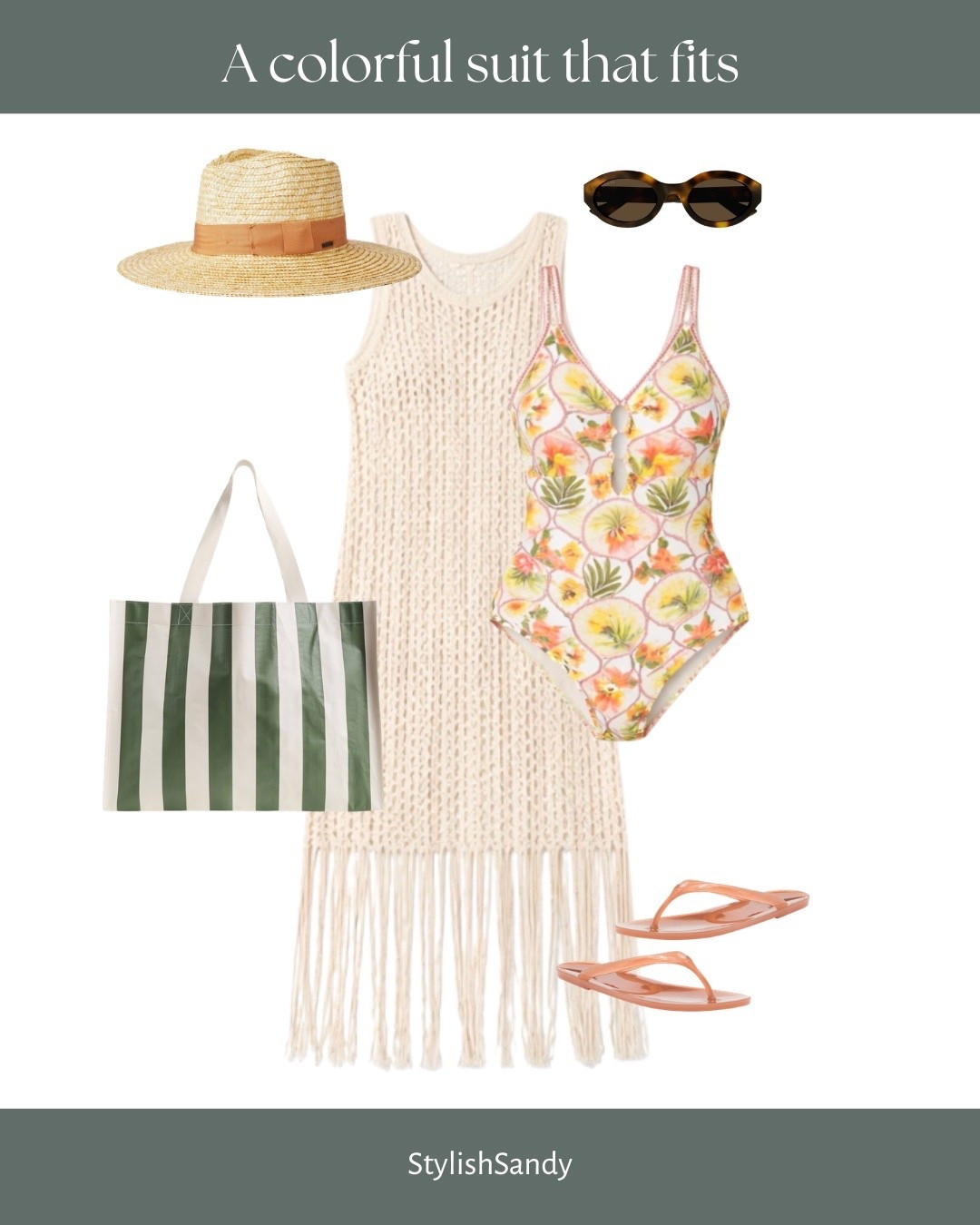 This suit is colorful (more forgiving than a solid color) and covers the bum. Love the cover-up, bag, and accessories.

Shopbop -on sale.

Fits tts. I'm wearing a size 6 suit and an XS cover-up.   

#LTKSaleAlert #LTKSeasonal #LTKOver40