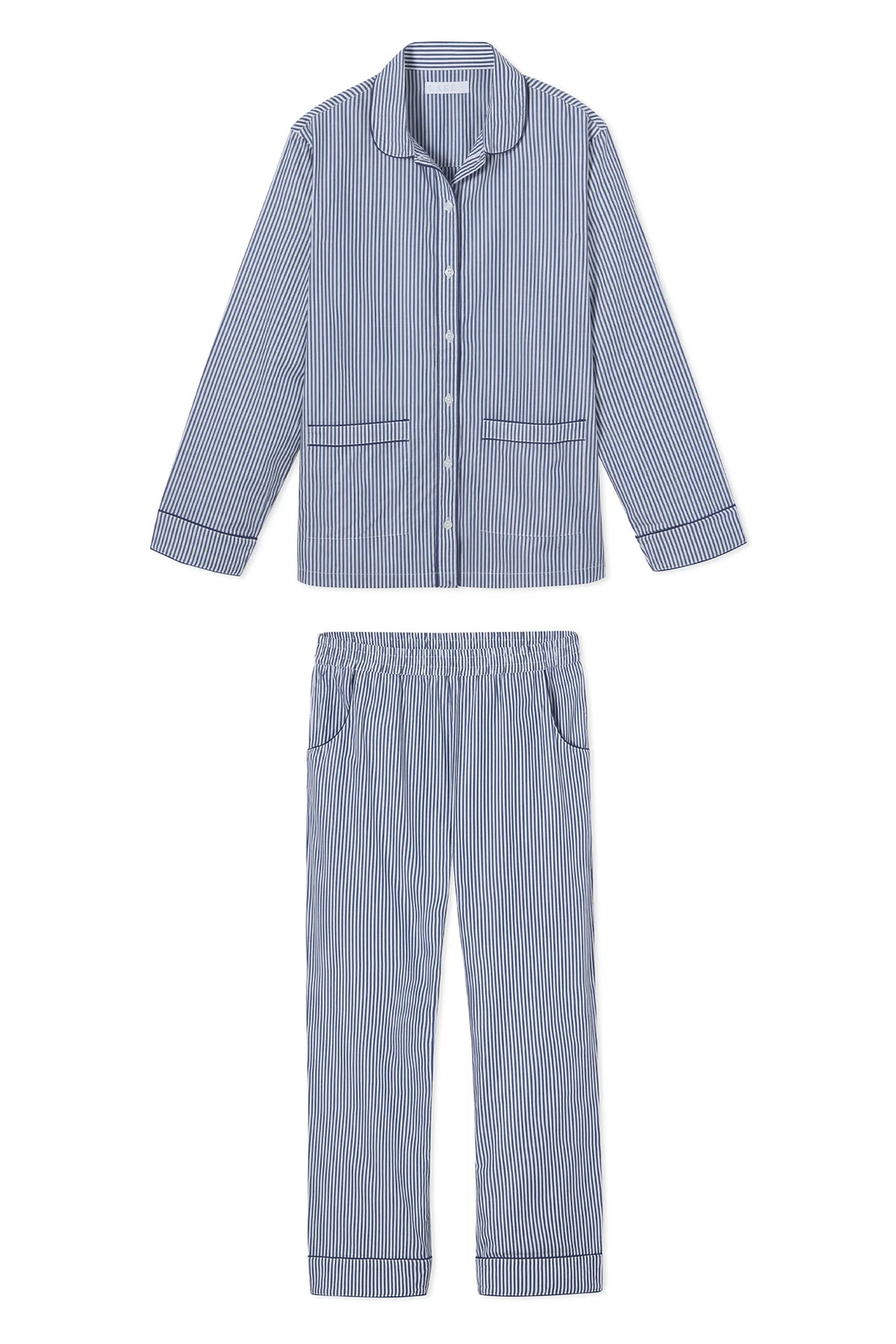 Poplin Piped Pants Set in Navy Stripe | Lake Pajamas
