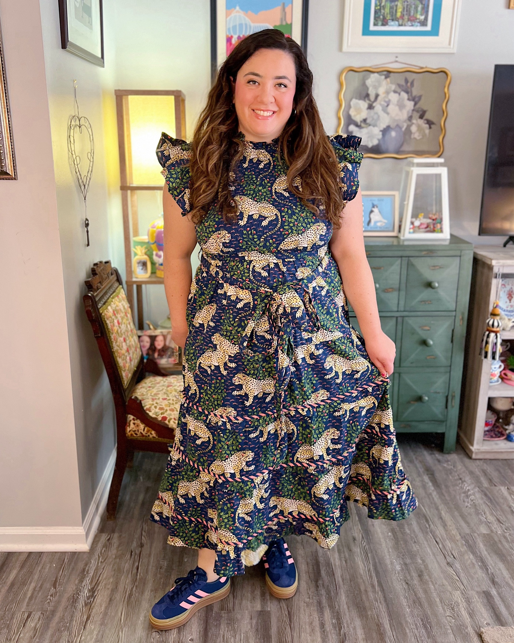 Cheetah print tiered midi dress with smocking and ruffle sleeves & adidas gazelle sneakers 

#LTKShoeCrush #LTKSeasonal #LTKMidsize