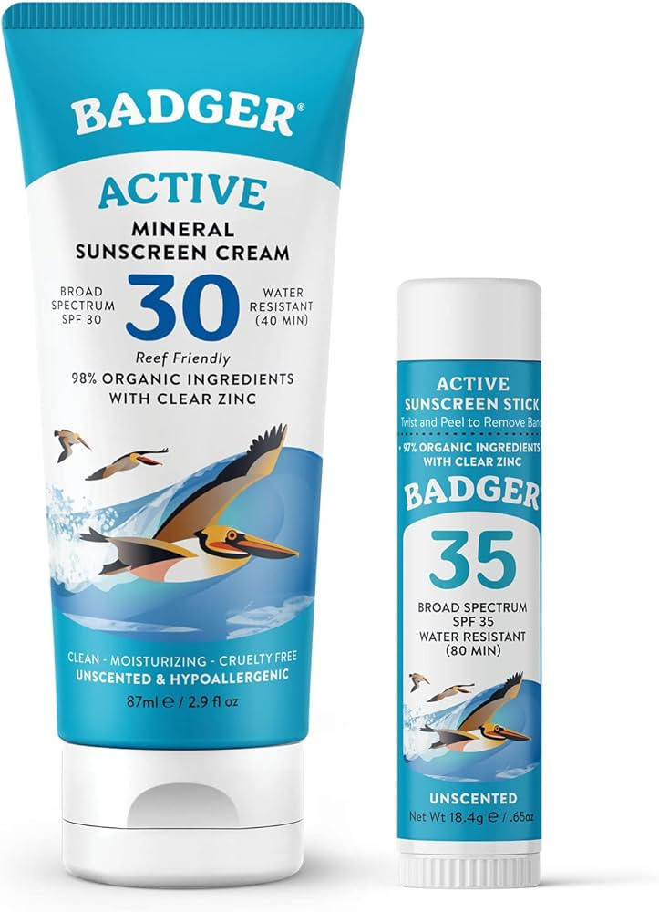 Badger Mineral Sunscreen Combo, SPF 30 Cream & SPF 35 Face Stick, Organic Reef Safe Broad Spectru... | Amazon (US)
