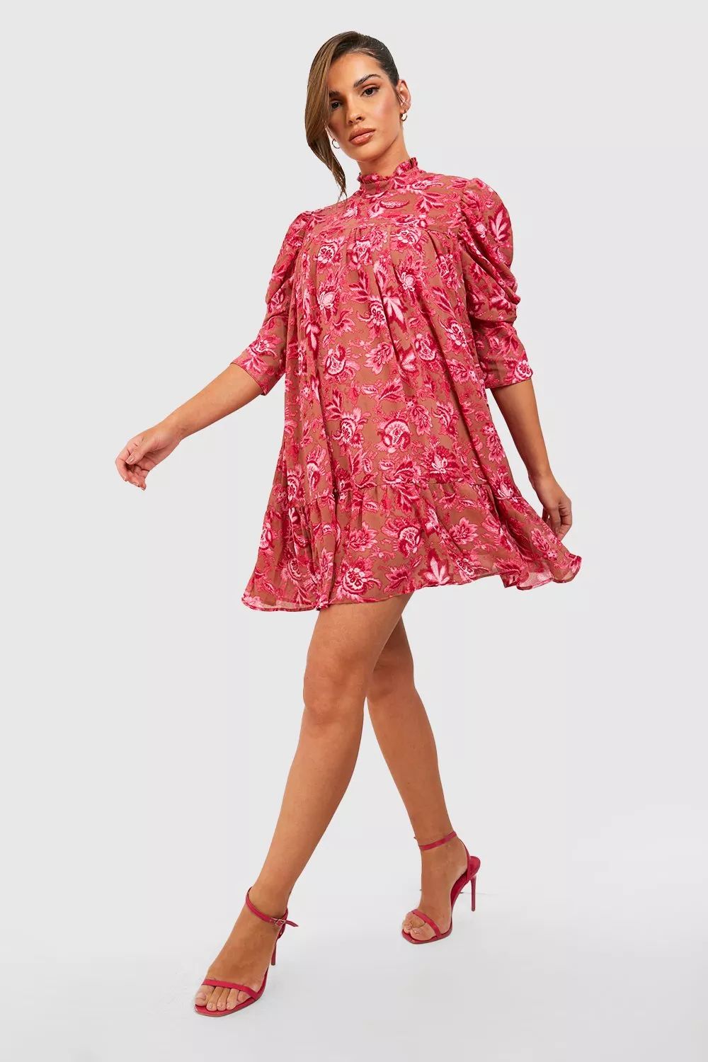 Printed Puff Sleeve Ruffle Neck Smock Dress | Boohoo.com (US & CA)