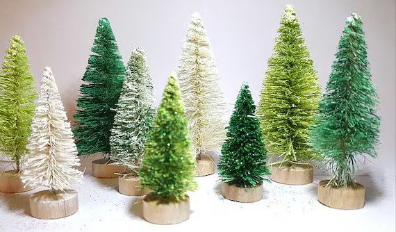 9pc Lot Assorted Light & Dark Green, White Flocked Mini Miniature Sisal Bottle Brush Trees Set Fr... | Etsy (US)