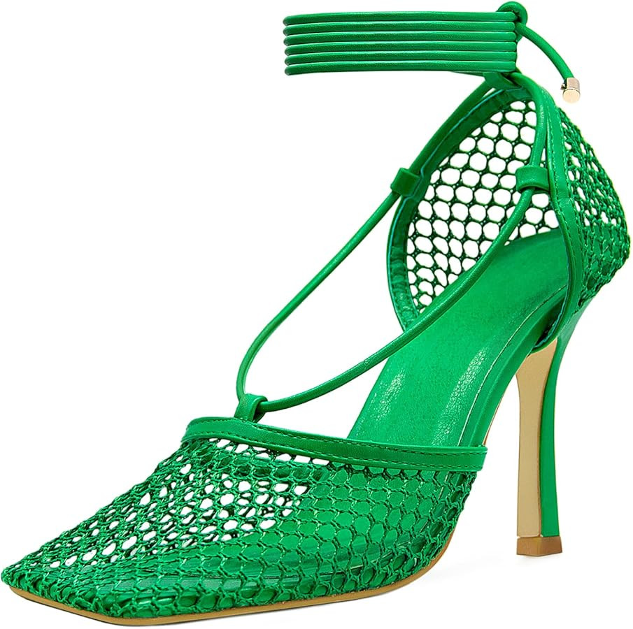 MUCCCUTE Square Toe Mesh Stiletto Heels for Women, Sexy Wrap Around Lace Up High-Heel Sandals Whi... | Amazon (US)