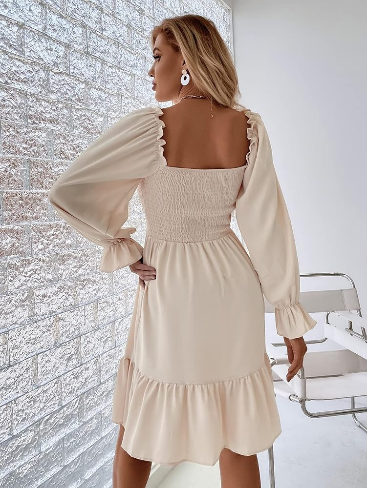SheIn Women's Shirred Ruffle Long Flounce Sleeve Mini A Line Dress Square Neck High Waist Short Dres | Amazon (US)