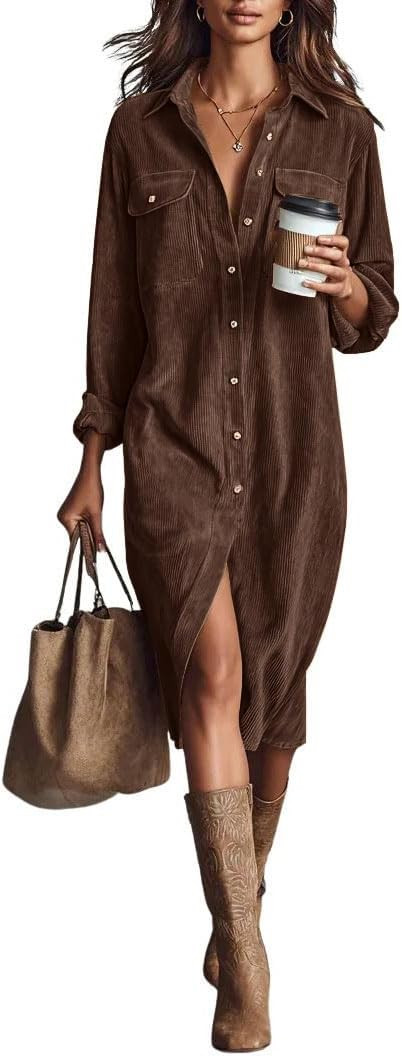 chouyatou Women's Fall Corduroy Button Down Shirt Dress Casual Lapel a Line Pleated Tunic Shift Midi Long Dress | Amazon (US)
