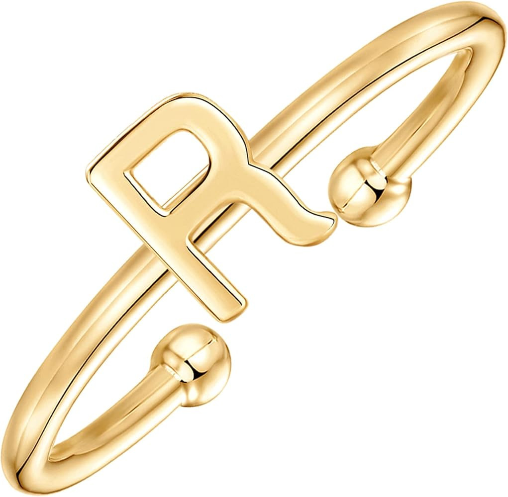 PAVOI 14K Gold Plated Initial Letter Adjustable Ring for Women - Thin Initial Band - Dainty Fashi... | Amazon (US)