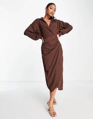 ASOS DESIGN textured collared wrap midi dress in brown | ASOS | ASOS (Global)