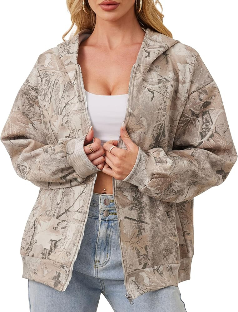 Womens Camo Zip Up Hoodie Long Sleeve Maple Leaf Print Oversized Hooded Jacket Fleece Full Zip Sw... | Amazon (US)