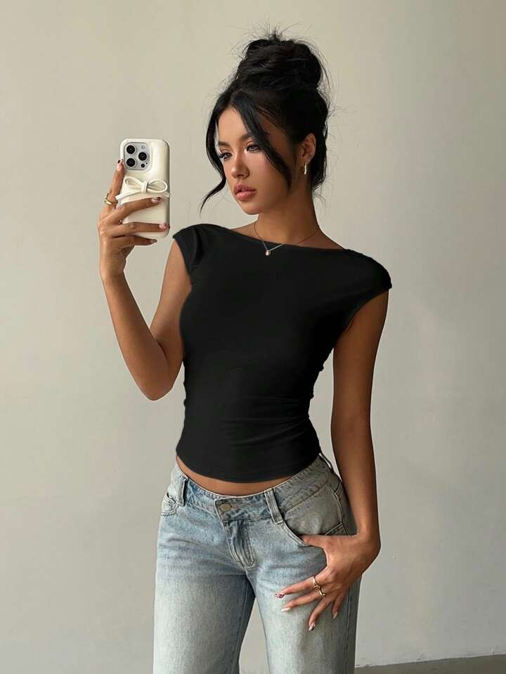 Aloruh Lace Patchwork Short Sleeve Sexy Backless Top | SHEIN