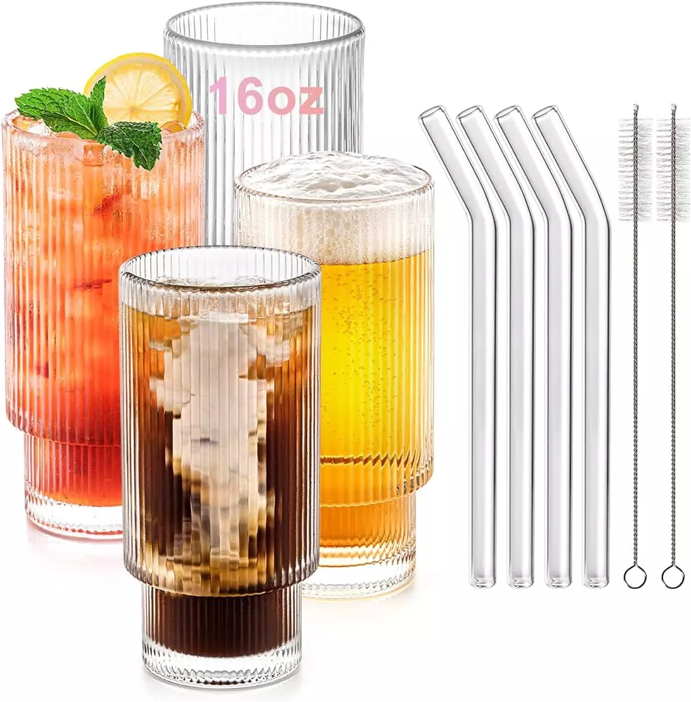 Ribbed Glass Cups With Straws 12oz, Drinking Glasses 4, Ribbed