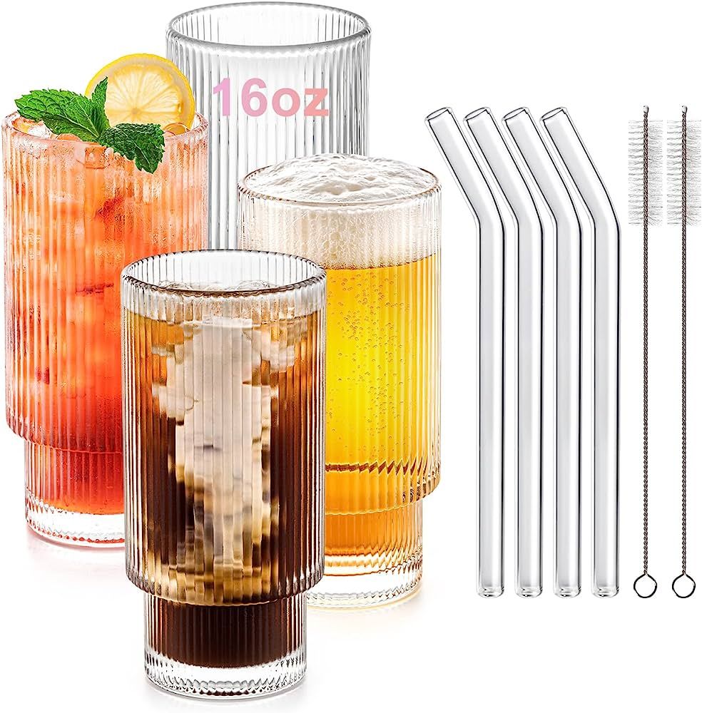 Combler Ribbed Glass Cups with Glass Straws, 16 oz Drinking Glasses, Vintage Iced Coffee Cup, Rib... | Amazon (US)