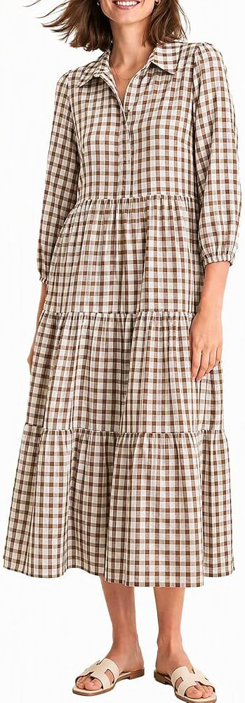 Women Button Down Maxi Shirt Dress Long Sleeve Flowy Tiered Collared Dresses with Pockets | Amazon (US)