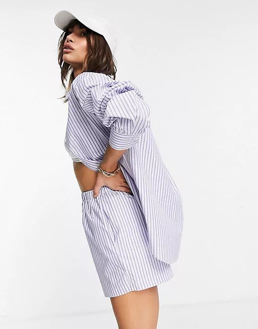 ASOS DESIGN cotton poplin shirt and short co-ord in blue stripe | ASOS | ASOS (Global)