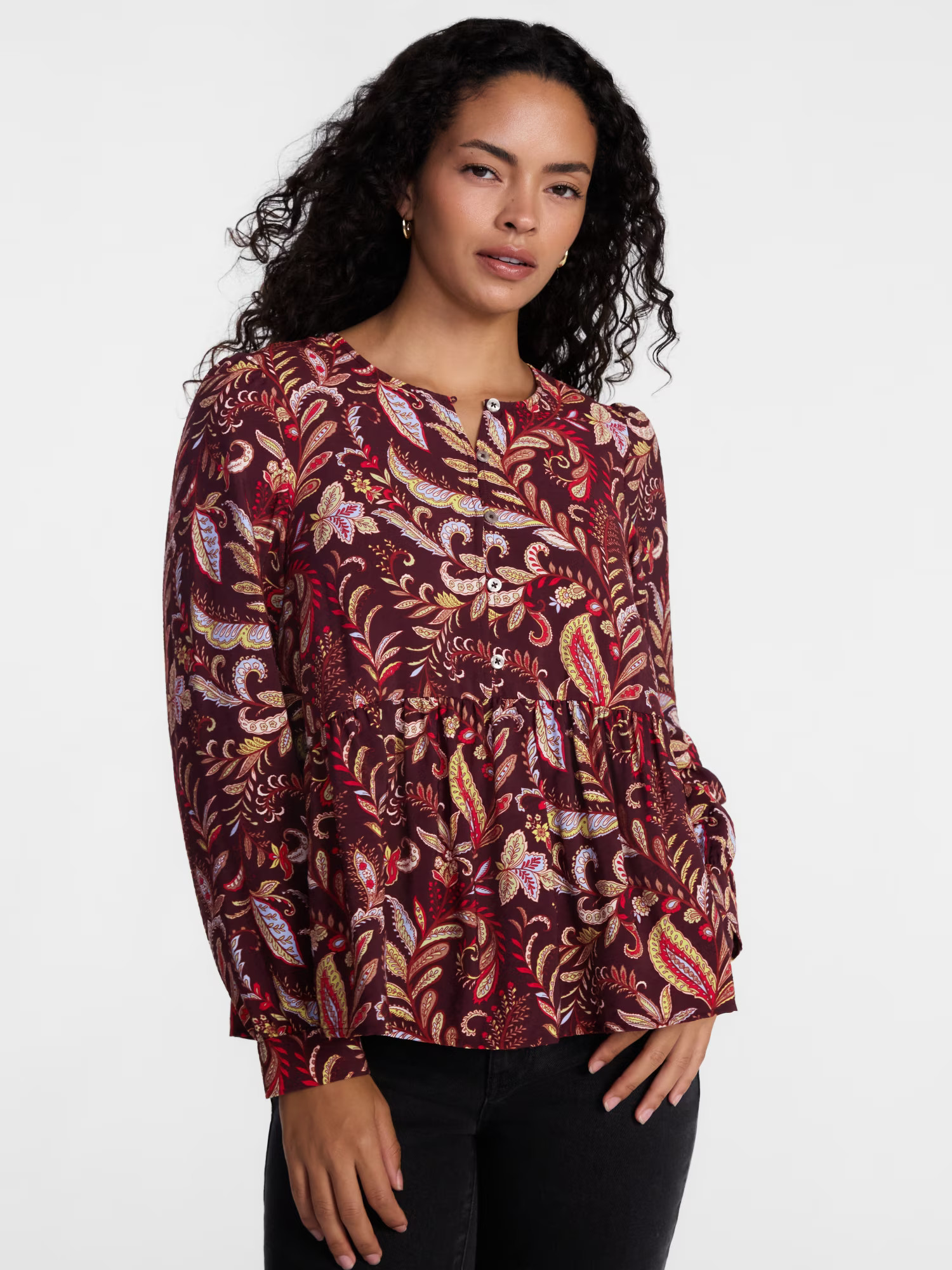 Scenario Women's Button Front Top with Long Puff Sleeves, Sizes XS-XXXL - Walmart.com | Walmart (US)