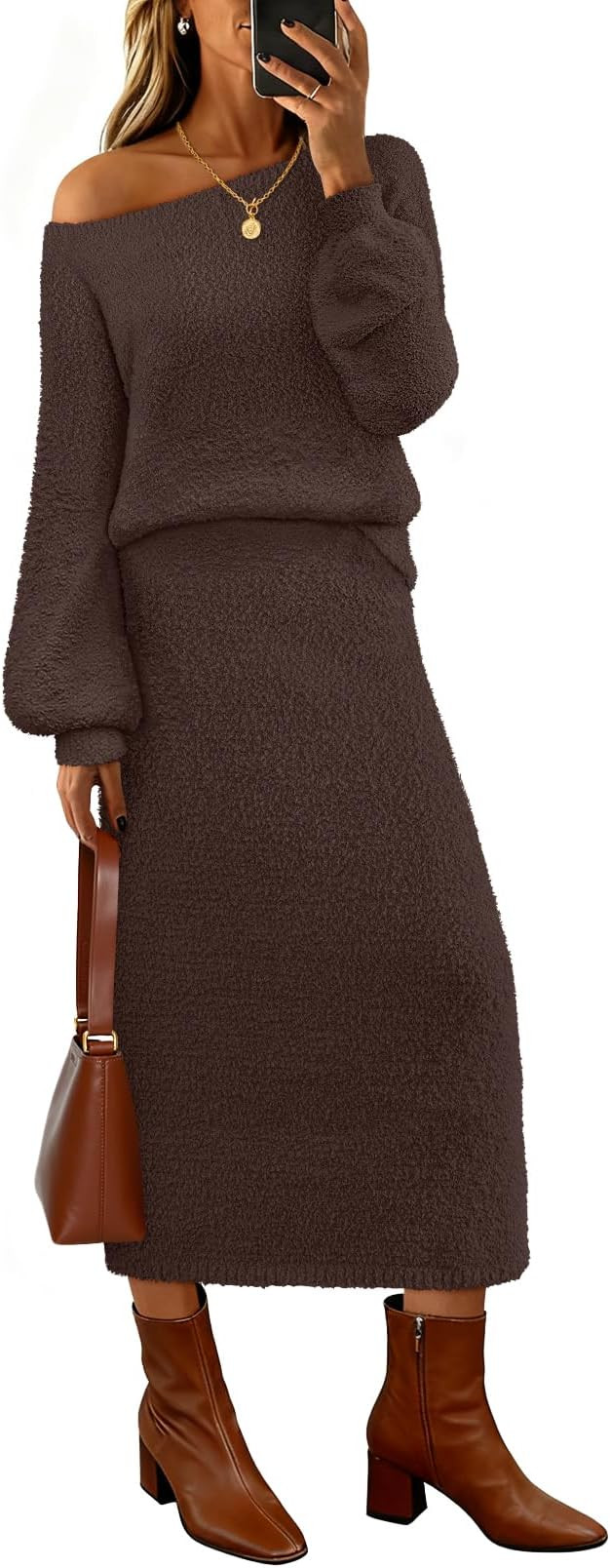 MEROKEETY Women's 2025 Fall Fuzzy 2 Piece Outfit Winter Long Sleeve Off Shoulder Pullover Top Mid... | Amazon (US)