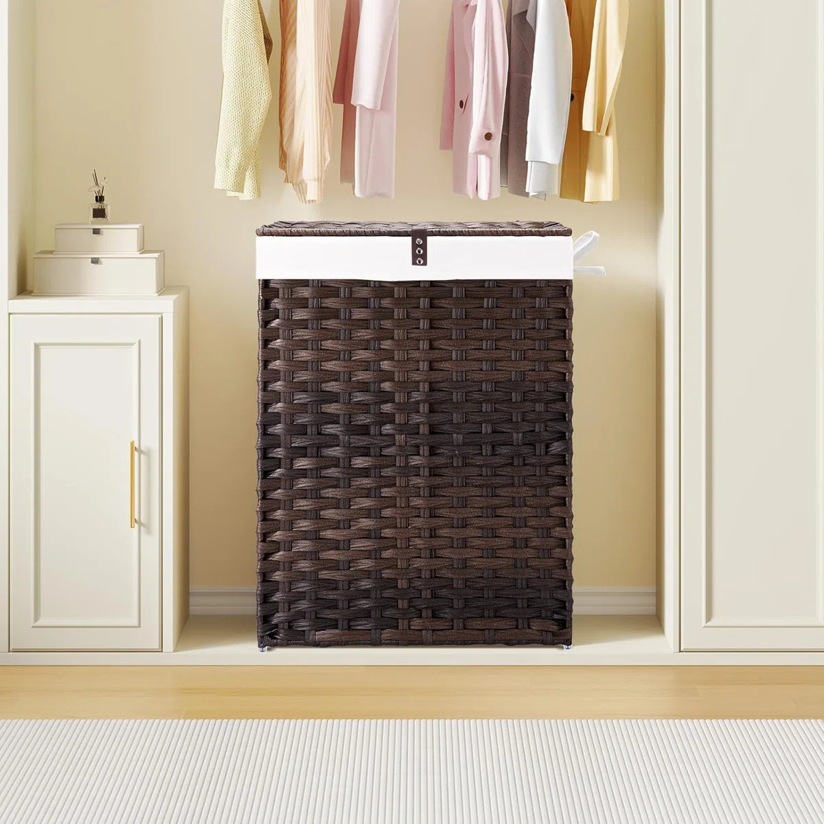 Handwoven Rattan Laundry Hamper with Lid, 90L Dual Compartment Basket with 2 Removable Bags & 2 M... | Wayfair North America