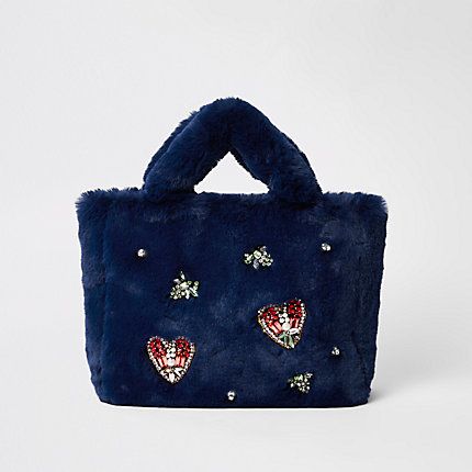 Womens Navy faux fur jewel embellished shopper bag | River Island (UK & IE)
