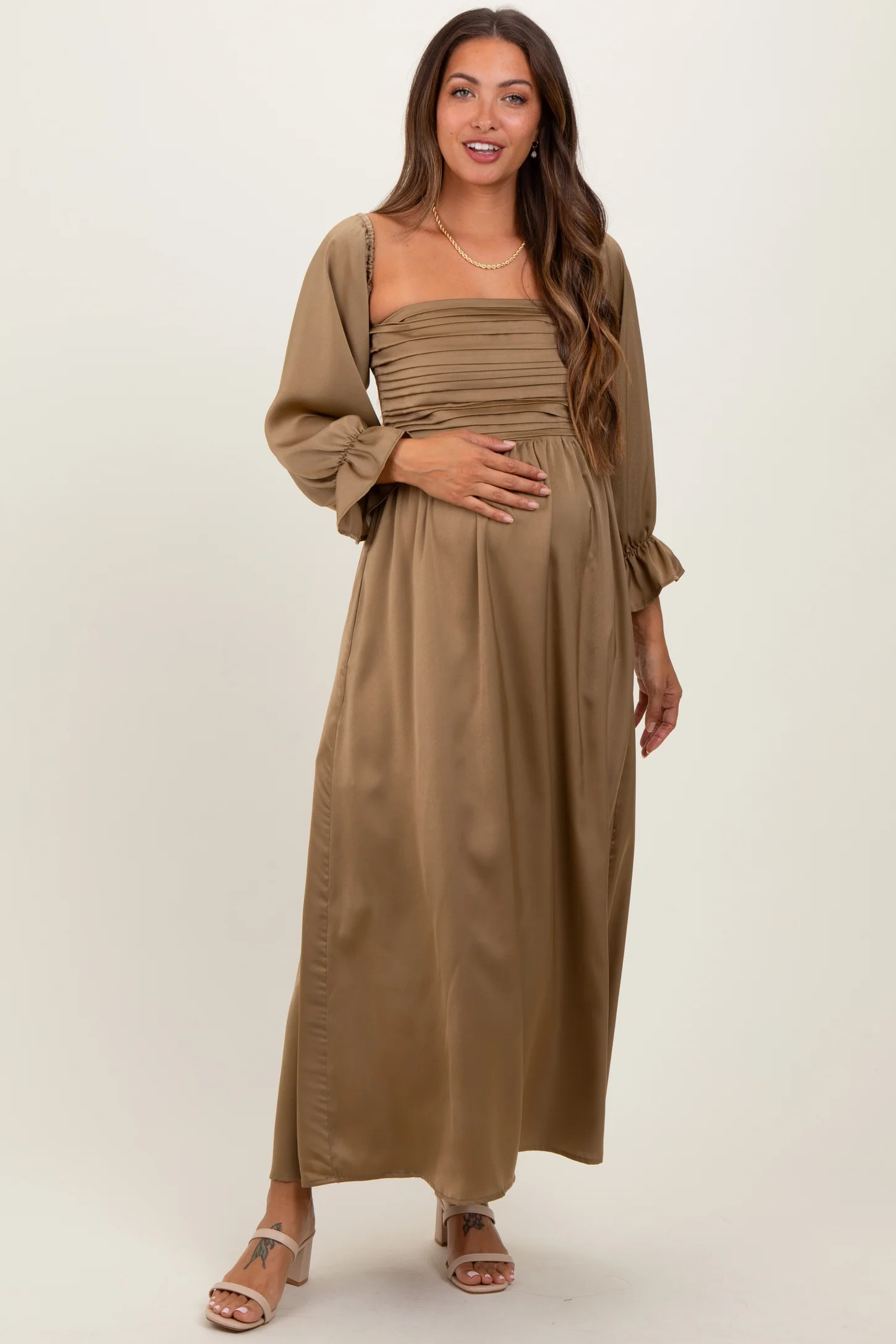 Olive Off Shoulder Satin Pleated Bodice Maternity Maxi Dress | PinkBlush Maternity
