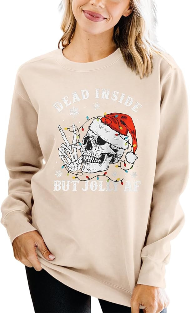 SOFEON Santa Skeleton Christmas Sweatshirt Women Funny Skull Long Sleeve Shirts Crewneck Pullover... | Amazon (US)