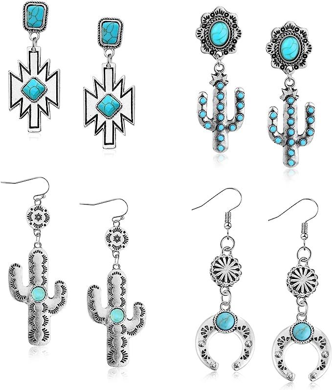 Amazon.com: 4 pairs Western National Style Vintage earrings set Turquoise Stone cactus Western Co... | Amazon (US)