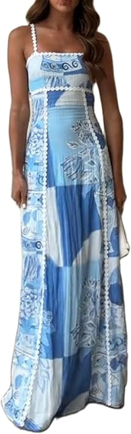 Women Boho Floral Long Cami Dress Spaghetti Strap Cut Out Maxi Dress Backless Tiered Flowy Summer... | Amazon (US)